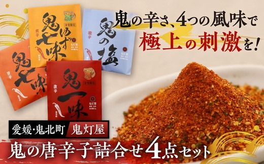 鬼灯屋の鬼の唐辛子詰め合わせ4点セット(鬼一味・鬼七味・鬼ゆず七味・鬼の塩)| とうがらし 一味 七味 ゆず 柚子 調味料 ギフト 愛媛県 鬼北町