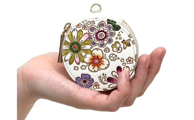 【文庫屋大関】マカロンポーチ みつばち【皮革工芸品】 ポーチ ミニポーチ 小物入れ アクセサリー入れ イヤホン入れ 収納 保管ケース 手のひらサイズ  本革 革 皮革 工芸品 工芸 雑貨 ギフト プレゼント 日本製 東京