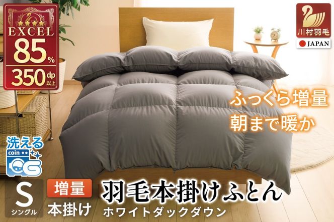 【冬用】洗える 羽毛布団 シングル 本掛け 増量 冬 掛け布団 ホワイトダックダウン85％ 1.2kg 350dp グレー 無地 羽毛 布団 羽毛ふとん 本掛け布団 4つ星 エクセルゴールドラベル ダウンケット 寝具 掛布団 羽毛掛け布団 コインランドリー 抗菌防臭 防汚加工 柔軟加工 防ダニ [川村羽毛 山梨県 韮崎市 20742899]