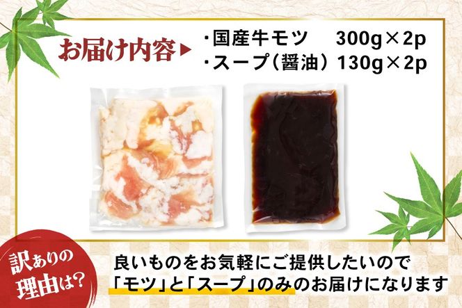 訳あり もつ鍋 6人前 300g 2p 計600g [博多の味本舗 福岡県 筑紫野市 21761518] ふるさと納税 訳アリ 鍋 モツ鍋 醤油味 しょうゆ味 もつ 牛もつ 牛モツ 国産 冷凍