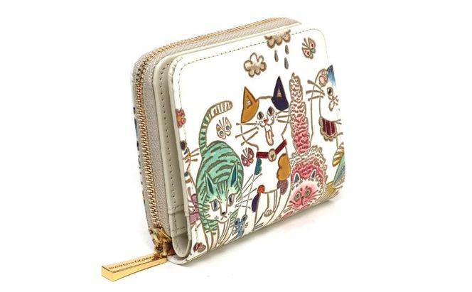 【文庫屋大関】二つ折りファスナーミニ財布 ネコ集合【皮革工芸品】財布 二つ折り 小物 お札 カード 小銭 コンパクト 牛革 手作り 日本製 墨田区 東京都