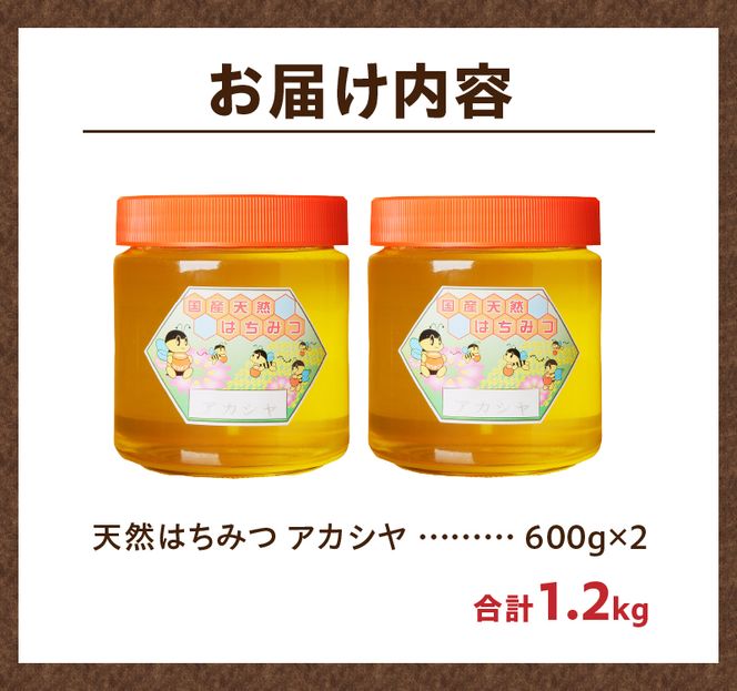 【北海道滝川産】高見養蜂場の純粋はちみつ(アカシヤ600g×2本)｜国産 日本製 天然 無添加 純粋 非加熱 生はちみつ ミツバチ ハニー 栄養 健康 美容 ビタミン ミネラル 抗生物質 プロポリス アミノ酸 濃厚 ギフト 贈答