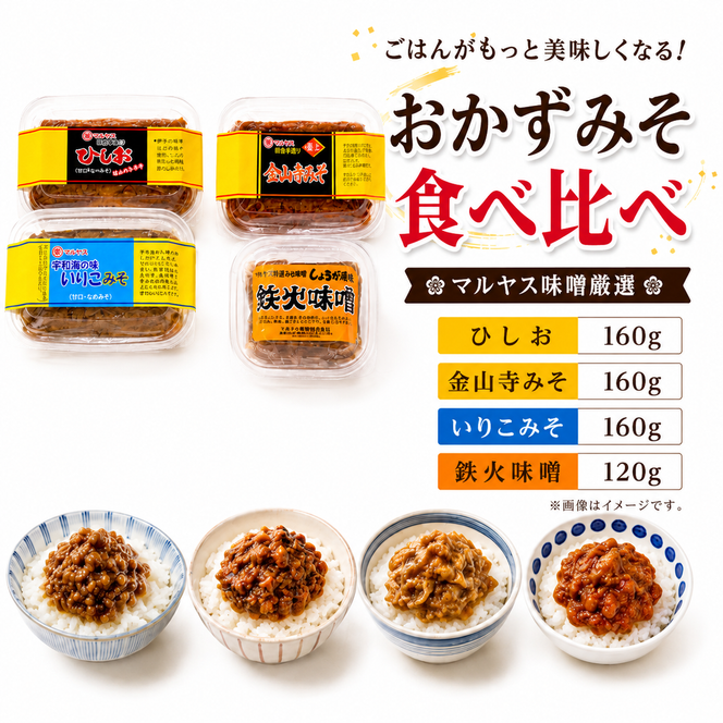 4種のおかず味噌 セット 鉄火みそ120g／ひしお160g／金山寺みそ160g／いりこみそ160g 味噌 おかず味噌 食べ比べ はだか麦 生姜 ひしお いりこ 国産 甘口 老舗 発酵食品 健康 国産 無添加 老舗 人気 おすすめ 調味料 田楽 発酵食品 ギフト 贈答 愛媛県 愛南町 マルヤス味噌