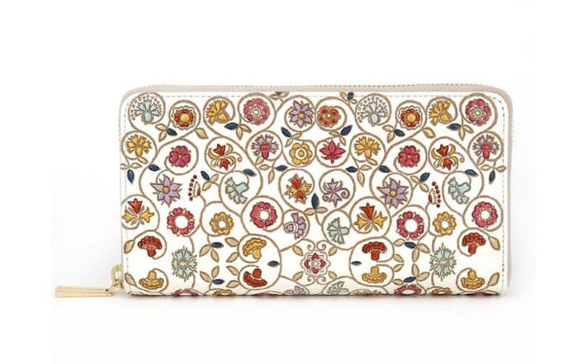 【文庫屋大関】 大容量　ぐるっとファスナーの長財布　金唐小花【皮革工芸品】 ファッション小物 民芸品 