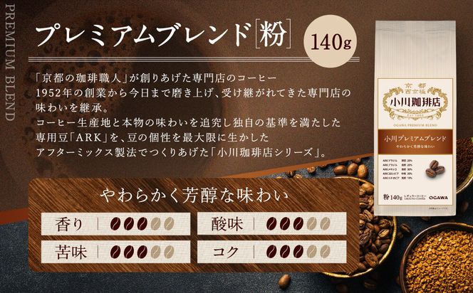 小川珈琲直営店 小川プレミアムブレンド (粉)140g｜京都 コーヒー 人気ブランド レギュラーコーヒー［ OGAWA ブレンドコーヒー 5種類 世界が認める本物の味わい 贅沢 おすすめ ギフト プレゼント 贈答 お取り寄せ 通販 送料無料 ふるさと納税 ］ 261009_A-CA028VC04