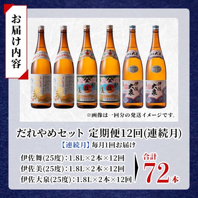 isa889 【定期便12回(連続月)】だれやめ焼酎セット 伊佐舞・伊佐美・伊佐大泉 各1.8L 合計72本(3種各2本×12回)  鹿児島 本格芋焼酎 芋焼酎 焼酎 一升瓶 飲み比べ 詰め合わせ 詰合せ 晩酌 飲みやすい だいやめ 伊佐限定焼酎 【酒乃向原】