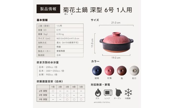 G.M.P【萬古焼（ばんこやき）】菊花 深型土鍋 6号 カラー：紅梅【一人用、一合、1合、秋、冬、おしゃれ、ご飯、ごはん 、二人用、家族 、5人、料理、贈り物、直火、レンジ、炊飯、鍋、なべ、スープ、煮物、ご自宅、菊花 銀峯 GINPO 三重県 四日市 ふるさと納税】