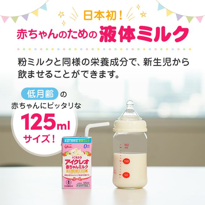 赤ちゃん ミルク アイクレオ 125ml×18本 紙パック 液体ミルク 乳児用 新生児 乳製品 グリコ （  ベビー 常温 母乳に近い栄養成分 母乳代用品 そのまま飲める 母乳 成長 発育 健康 防災 災害 プレゼント 人気 おすすめ ） 福岡県朝倉市 