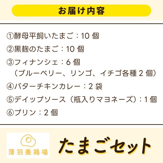 ＼薄羽養鶏場の濃厚たまごを使用／ たまごセット 濃厚たまご＆絶品加工品 6点セット｜栃木県 益子町 たまご 卵 タマゴ 平飼い 酵母平飼い 人気 濃厚 食べチョク カレー チキンカレー プリン とろたまぷりん フィナンシェ 焼き菓子 ディップソース (BC009)