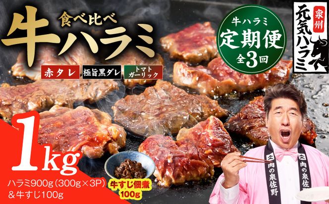 G4753 【食べ比べ定期便】牛ハラミ 1kg×全3回【牛肉 はらみ 小分け 焼肉 お弁当 BBQ 訳あり ワケアリ わけあり サイズ不揃い 規格外 TVで話題】
