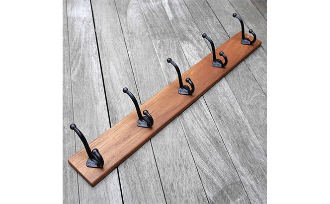 無垢チーク材＆5連大きなアイアンダブルフックのウォールコートハンガー 85cm （ウォールフック，帽子掛け，コート掛け，玄関，家具） 雑貨 日用品 インテリア ウォールハンガ 天然無垢木材 