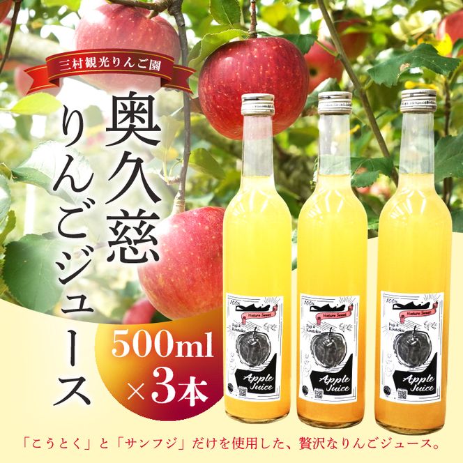 樹上完熟 奥久慈りんごジュース 500ml×3本セット【三村観光りんご園】｜茨城県 大子町 完熟 林檎 こうとく サンフジ ブレンド リンゴジュース アップルジュース 100％ ストレート 無添加 ギフト 飲料(BX014)