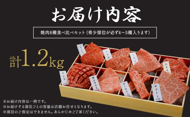 厳選 くまもと黒毛和牛 焼肉用食べ比べ8種 1.2kg 《45日以内に出荷予定(土日祝除く)》熊本県 大津町 くまもと黒毛和牛 和牛焼肉LIEBE 厳選部位 希少部位 特上カルビ サーロイン ザブトン 上モモ ランプ イチボ ミスジ 冷蔵 リーベ ---so_cliebey8sy_45d_r7_50000_1200g---