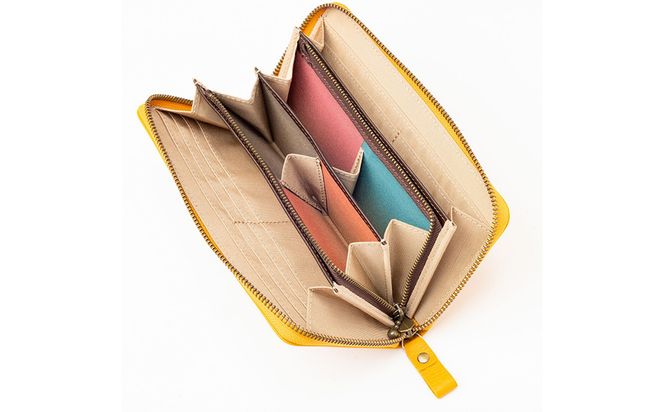 豊岡工房 牛革 コインが分けられる中身が見やすいラウンド長財布（4373）イエロー / 長財布 ４つに仕切られた小銭入れ 部屋ごとに色分け 柔らかい メンズ レディース 財布 さいふ サイフ 国産 日本製 小田清株式会社