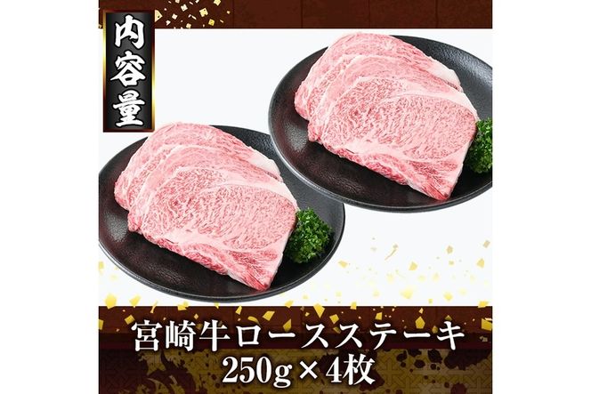 宮崎牛ロースステーキ(計1kg・250g×4) お肉 牛肉 黒毛和牛 ブランド和牛 冷凍 国産 焼肉 BBQ 【R-89】【ミヤチク】