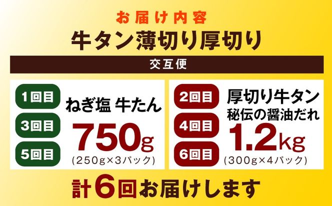 099Z476 【定期便】牛タン薄切り厚切り交互便 全6回【牛タン 牛肉 焼肉用 薄切り 厚切り 焼肉 BBQ 訳あり サイズ不揃い 毎月配送コース】