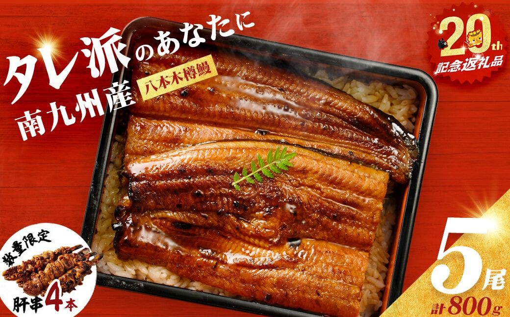 [数量限定]国産 八本木樽鰻の蒲焼(160g以上×5尾) うなぎ肝串4本セット b7-025-12-km
