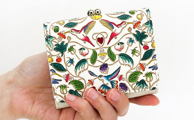 【文庫屋大関】三つ折りミニ財布　ハチドリの憂鬱【皮革工芸品】 ファッション 小物 民芸品 お札 カード 小銭 手のひらサイズ コンパクト 大人かわいい 牛革 手作り 国産 