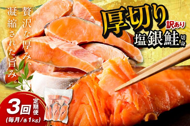 お手軽！絶品！厚切り　塩銀鮭切身 約1kg（プロトン凍結　訳あり　不揃い）　定期便　月1回×3ヵ月　YK00364