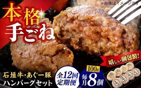 【全12回定期便】沖縄県産 あぐー豚＆石垣牛 ハンバーグセット 800g (100g×8個) 豚 牛 ハンバーグ 冷凍 ギフト お取り寄せ 沖縄市 / お肉屋本店[BCAZ017]