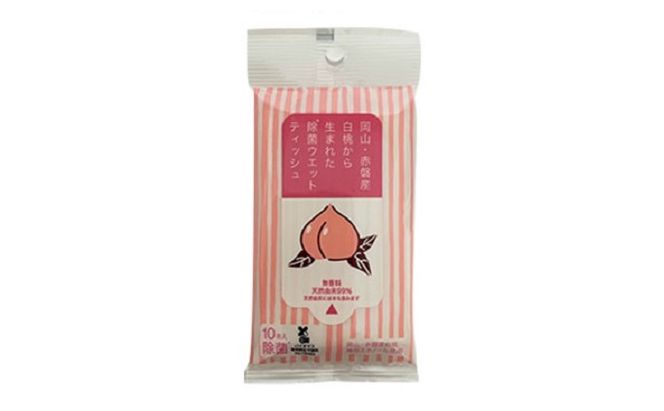 岡山 ・ 赤磐市産 白桃 から生まれた 除菌 ウエットティッシュ （10枚入り）×18個 雑貨 日用品 アップサイクルプロダクト Heart for Art project 廃棄物 リサイクル 