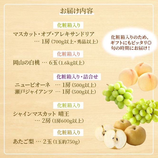 フルーツ 定期便 2026年 先行予約 フルーツ王国 岡山の果物 5回コース 夏～冬物語  桃 もも 葡萄 ぶどう 梨 なし岡山県産 国産 果物 セット ギフト シャインマスカット あたご梨 
