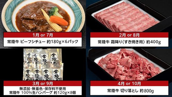 【茨城県共通返礼品】【定期便】 【6回コース】  常陸牛 贅沢 満喫 定期便 （6ヶ月連続でお届け） 半年 牛肉 黒毛和牛 国産 切り落とし すき焼き 焼肉 霜降り ステーキ ハンバーグ ローストビーフ [AU033ya]