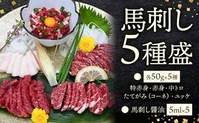 馬刺し5種盛 50g×5・特赤身・赤身・中トロ・たてがみ（コーネ）・ユッケ馬刺し醤油（5ml×5) 株式会社ドクタージュ《30日以内に出荷予定(土日祝除く)》熊本県 南阿蘇村 熊本県産 熊本 馬刺し 赤身 送料無料---sms_fdcbssyu_30d_21500_5p---