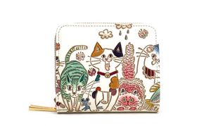 【文庫屋大関】二つ折りファスナーミニ財布 ネコ集合【皮革工芸品】財布 二つ折り 小物 お札 カード 小銭 コンパクト 牛革 手作り 日本製 墨田区 東京都