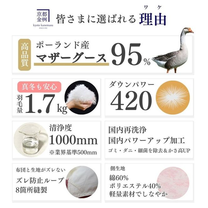 ＜京都金桝＞羽毛布団 ダブル ポーランド産マザーホワイトグースダウン95％ 1.7kg 日本製 冬用 布団 DP420 京都亀岡産 ロワーレ