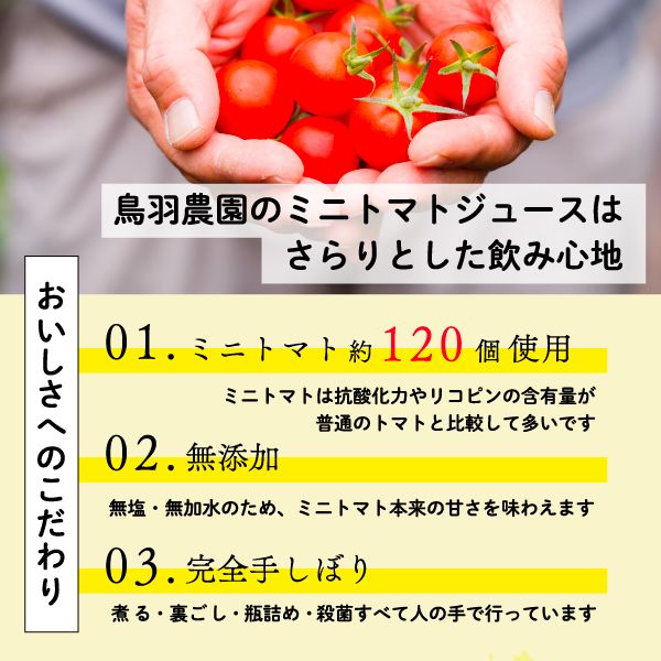 トマトジュース 北海道 手しぼり ミニトマトジュース 735g×2本 セット 鳥羽農園 ミニトマト 約120個分 無塩 無添加 国産 トマト ジュース 食塩無添加 ストレート 飲料 野菜 野菜ジュース