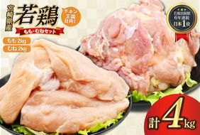 鶏肉 もも肉 2kg むね肉 2kg セット 計 4kg 未カット 宮崎県産 冷凍 [アイフーズ 宮崎県 日向市 452061699] とり肉 鳥肉 モモ肉 もも肉 むね肉 ムネ肉 胸肉 小分け 若鶏 宮崎