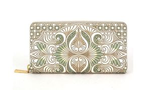 【文庫屋大関】 大容量　ぐるっとファスナーの長財布　ロカイユ＜ペールカーキ＞【皮革工芸品】 ファッション小物 民芸品 