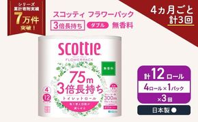 定期便 トイレットペーパー ダブル スコッティ 3倍長持ち 4ロール × 1パック フラワーパック 無香料《 4ヶ月ごと計 3回 》