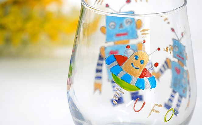 【絵付け手描き】タンブラー (丸) 「ロボット (ブルー) 」 筒井啓子作 | 耐熱ガラス 硝子 食器 おしゃれ 一点もの