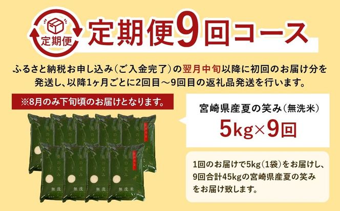 ＜【9ヶ月定期便】令和6年産 宮崎県産 夏の笑み（無洗米）5kg＞お申込みの翌月中旬以降に第1回目発送（8月は下旬頃）【c1245_ku】 米 夏の笑み 無洗米 精米 希少 品種 白米 お米 ご飯 宮崎県産