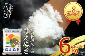 【新米受付】【R8.10月以降発送】令和8年産 特別栽培米 はえぬき 玄米 6kg 2kg×3袋 2026年産 ブランド米 米 国産 単一原料米 山形 庄内平野 コシヒカリの原点、亀の尾発祥の地 庄内