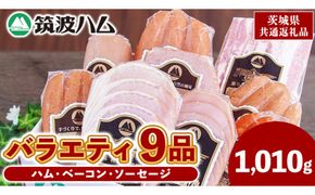 筑波ハム バラエティ 9品 ( ハム ベーコン ソーセージ ) 合計1010g 茨城県産 『 常陸の輝き 』 ブランド豚 銘柄豚 ( 茨城県共通返礼品 ) 詰合せ 詰め合わせ 肉 豚 ウィンナー 熟成 [FA003us]