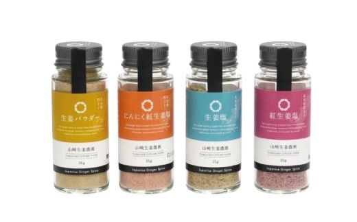 【 山﨑生姜農園 】 生姜農家 が作った 生姜スパイス 4本 セット （ 生姜塩・紅生姜塩・にんにく紅生姜塩・生姜パウダー） 粉末 パウダー 調味料 スパイス 塩 しお 生姜 しょうが ショウガ ジンジャー にんにく ニンニク 高知県 高知 四万十市 四万十 しまんと 25-328