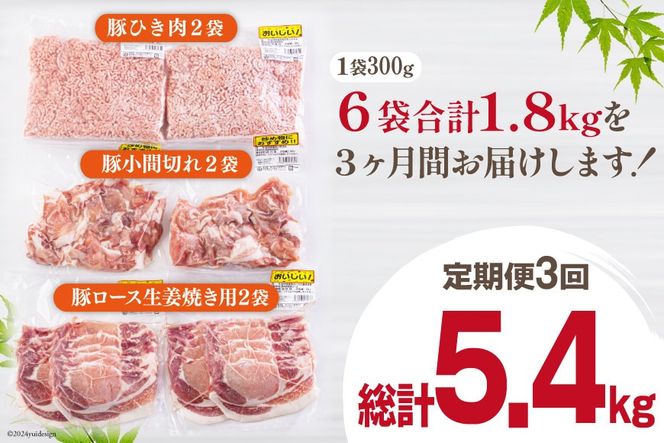 3回 定期便 宮崎県産 豚肉 ３種 セット ひき肉 こま切れ ロース生姜焼き用 小分け 合計5.4kg 各300g×2 [甲斐精肉店 宮崎県 美郷町 31as0116] 冷凍 宮崎県産 豚 肉 送料無料 炒め物 煮込み 豚丼 そぼろ丼 ハンバーグ 豚汁 キーマカレー 詰め合わせ 真空包装