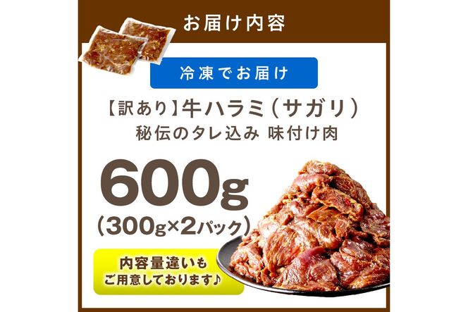 【訳あり】牛ハラミ（サガリ） 秘伝のタレ込み 味付け肉 600g（300g×2パック）（2026年1月上旬～発送） 牛肉 訳あり はらみ さがり 味付け肉 小分け 個包装 牛肉 タレ漬け 手作り 焼肉 肉 牛ハラミ わけあり 訳有り ワケアリ 焼肉 日用品　YK00461