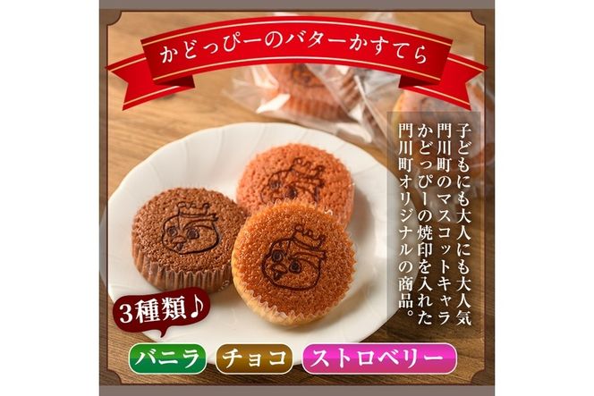 かどっぴーのバターかすてら3種セット(合計15個・バニラ、チョコ、ストロベリー各5個)バターカステラ 食べ比べ お茶請け お茶菓子 手土産 おやつ スイーツ 洋菓子 お菓子 焼菓子 贈答用 ギフト 個包装 ゆるキャラ 宮崎県 門川町【H-1】【松月堂】