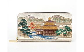 【文庫屋大関】大容量　ぐるっとファスナーの長財布　浮世絵　金閣寺【皮革工芸品】 ファッション 小物 仕切り カードポケット ロングポケット 