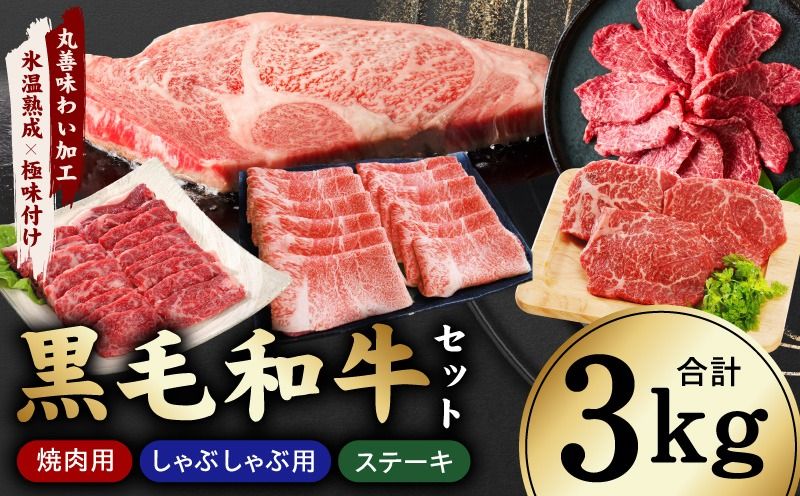 mrz0504 [氷温熟成×極味付け]黒毛和牛セット 合計3kg[小分け 焼肉 しゃぶしゃぶ ステーキ 簡単調理 BBQ 牛肉 黒毛和牛 味付き]
