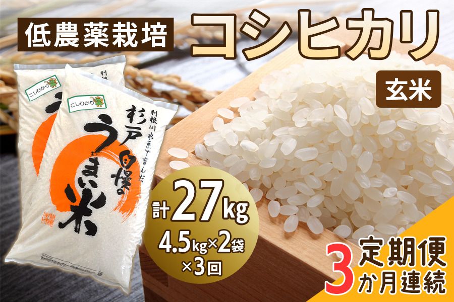 [定期便/3ヶ月] 低農薬栽培のコシヒカリ[玄米]計27kg (4.5kg×2袋×3ヶ月連続)|おいしい お米 コメ こめ ご飯 ごはん お取り寄せ 直送 贈り物 贈答品 ふるさと納税 埼玉 杉戸 [0650]