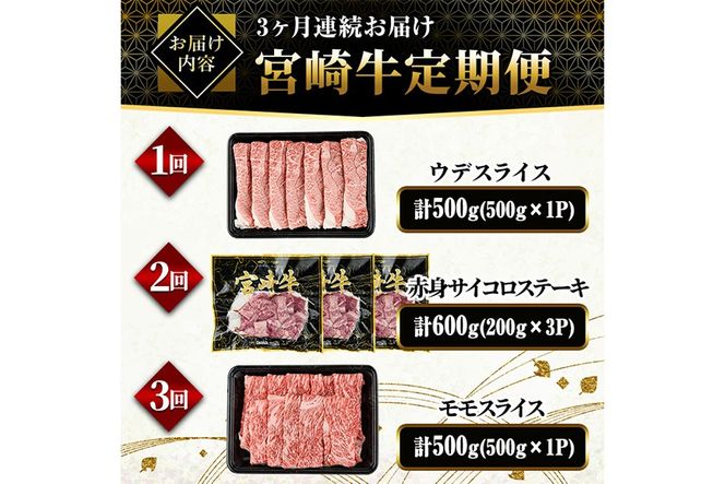 【定期便・全3回(連続)】宮崎牛お楽しみ定期便A すき焼き お肉 牛肉 黒毛和牛 宮崎牛 ブランド和牛 冷凍 国産 肩 ウデ モモ 赤身 サイコロ ステーキ スライス 宮崎県産 しゃぶしゃぶ 【YM-18】【YAMATO株式会社】