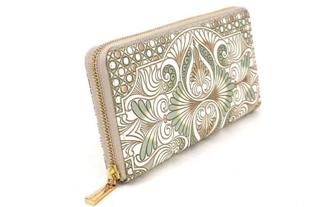 【文庫屋大関】 大容量　ぐるっとファスナーの長財布　ロカイユ＜ペールカーキ＞【皮革工芸品】 ファッション小物 民芸品 