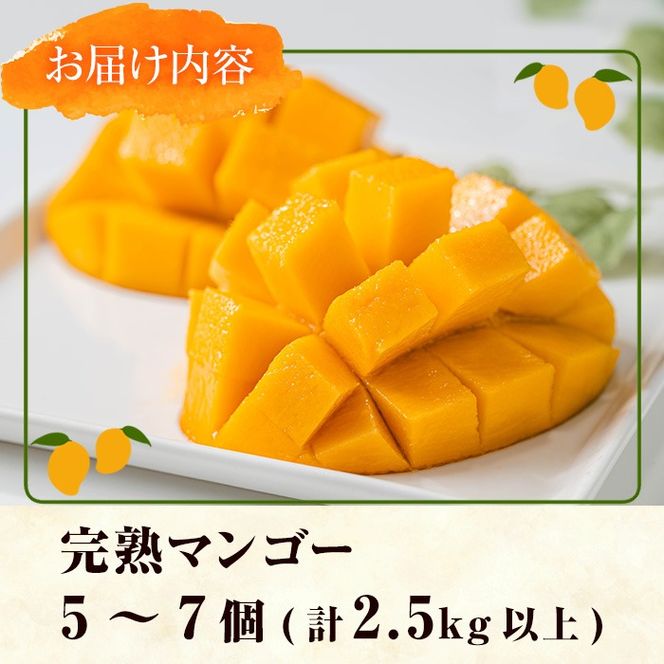 【0255911a】＜先行予約・数量限定＞南国鹿児島県産の太陽の恵み！完熟マンゴー(計2.5kg以上・5-7個入り) 果物 フルーツ 果実 デザート 国産 冷蔵 【東串良物産館ルピノンの里】