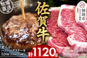 佐賀牛 サーロインステーキ200g×3枚計600g 柔らかハンバーグステーキ130g×4個計520g【佐賀牛 サーロイン ステーキ ハンバーグ 高級部位 赤身肉 霜降り】(H122127)