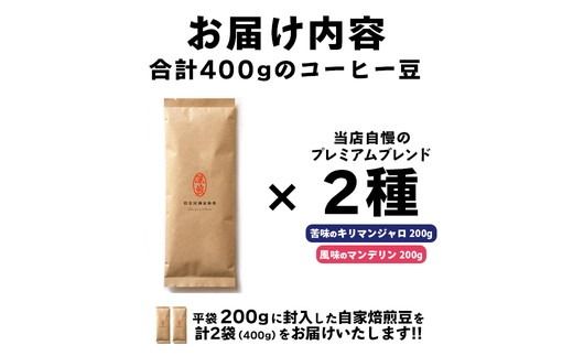 コーヒー スペシャルブレンド 苦みのキリマンジャロ＆風味のマンデリン＜深煎り2種セット＞各200g×2袋 計400g【豆のままで発送】